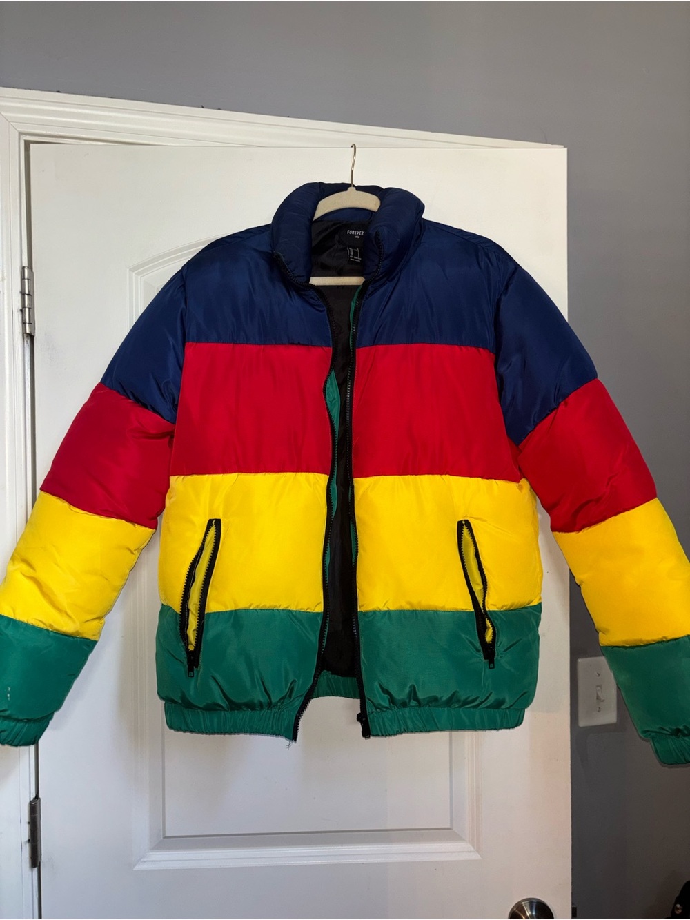 Forever 21 Men’s Colorblock Puffer Jacket - Navy, Red, Yellow, Green
